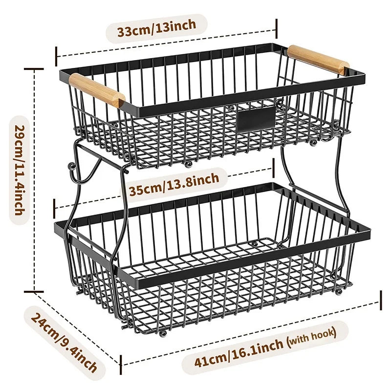 2 Tier Carbon Steel Multi-layer Fruit Basket Metal Storage Box Display Rack for Living Room Kitchen Detachable Fruit Basket