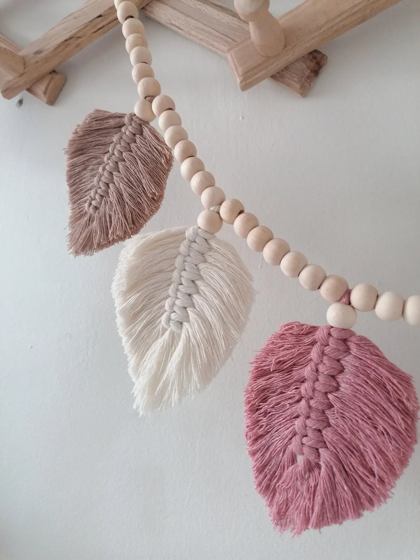 Leaf Macrame Garland , Boho Baby Girl Decoration , Leaf Garland with Wood Beads , Graduation Party , Party Supplies