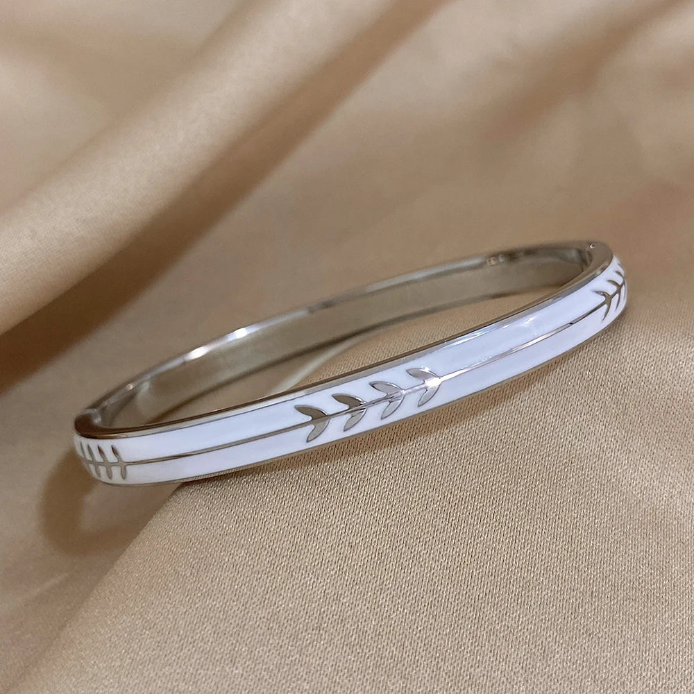 Fashion Enamel Painted Leaf Stainless Steel Bangle Women Vintage Wheat Arrow Ornament Cuff Bracelets Waterproof Golden Wristband