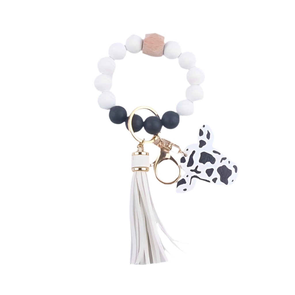 Wooden Bead Wristlet Keychains, PU Leather Tassel, Silicone Bracelet Key Ring, Fashion Accessory For Keys And Wallets