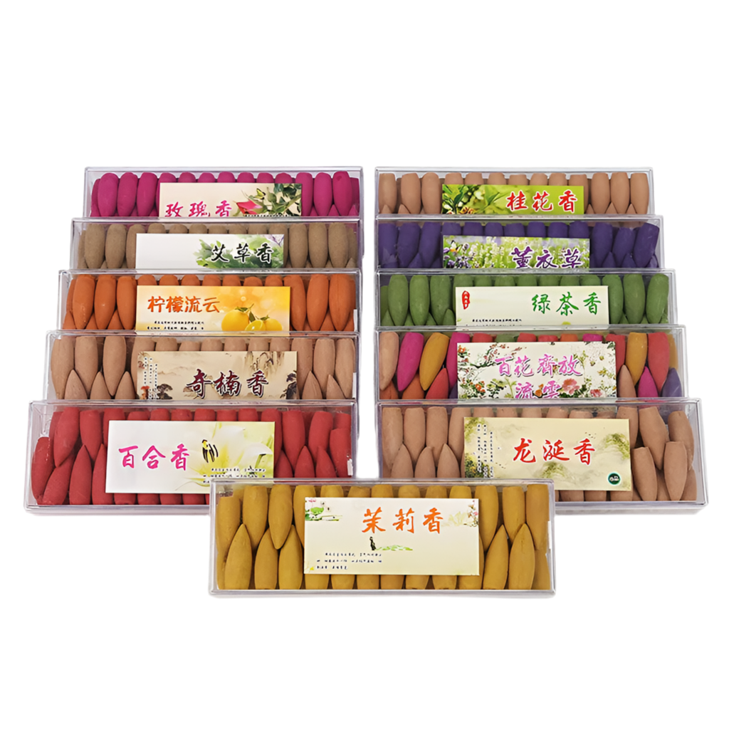 Hemasa 52pcs Colorful Incense Cones for Backflow Tower Accessories Bullet Shape Coil Incense Burner Aromatherapy Fresh Air Aroma Spice