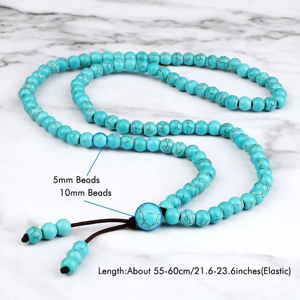 Men Beaded Necklace & Bracelet 108 Beads Tibetan Buddha Wrap Bracelets Women Handmade Blue Synthetic Turquoises Prayer Jewelry