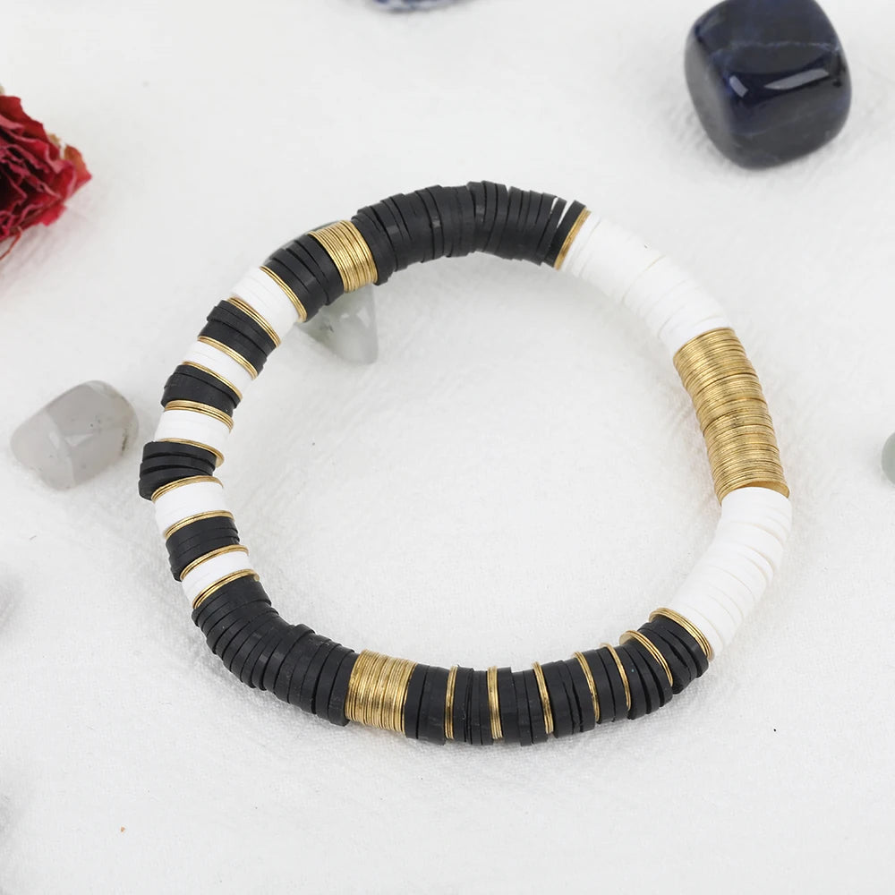 5Pcs Black White Color Polymer Clay Disc Heishi Beads 8mm Gold Copper Sheets Elastic String Bracelet Fashion Women Boho Jewelry