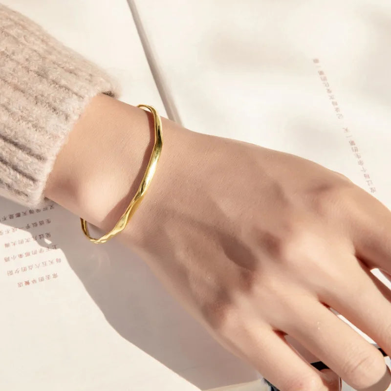ANENJERY Silver Color Irregular Open Cuff Bracelet for Women Men High Polish Bangle Jewelry Adjustable