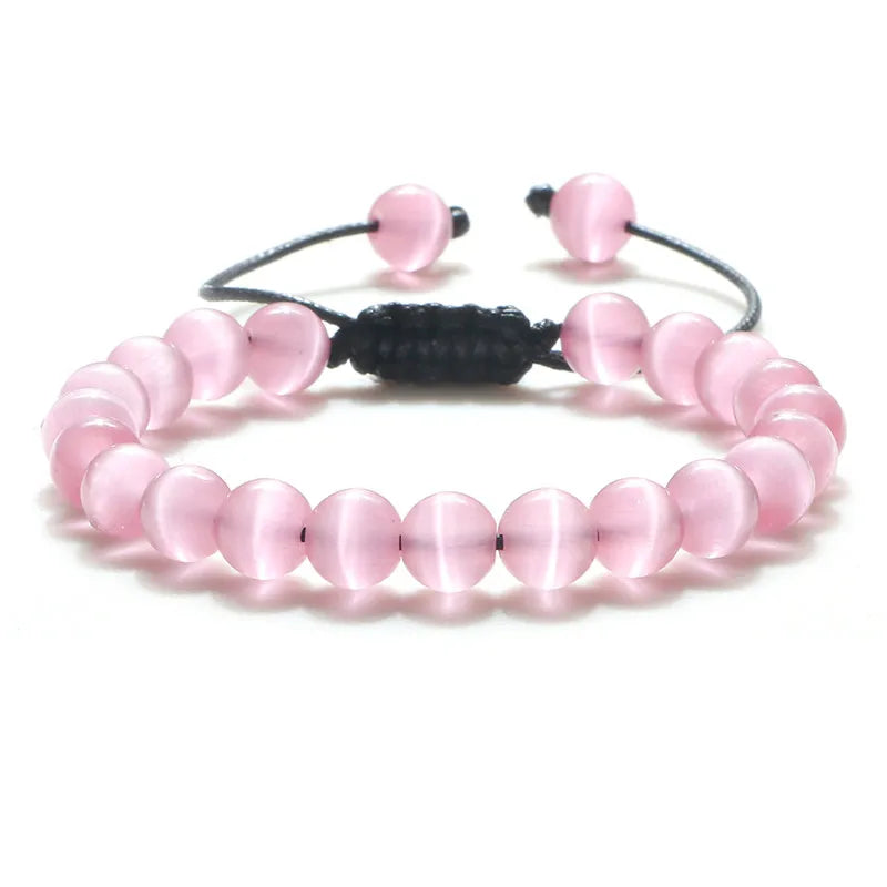 8mm Natural Cat Eye Stone Bracelet Smooth Pink White Beads Handmade Adjustable Bracelets&Bangle Charm Jewelry For Women Men Gift