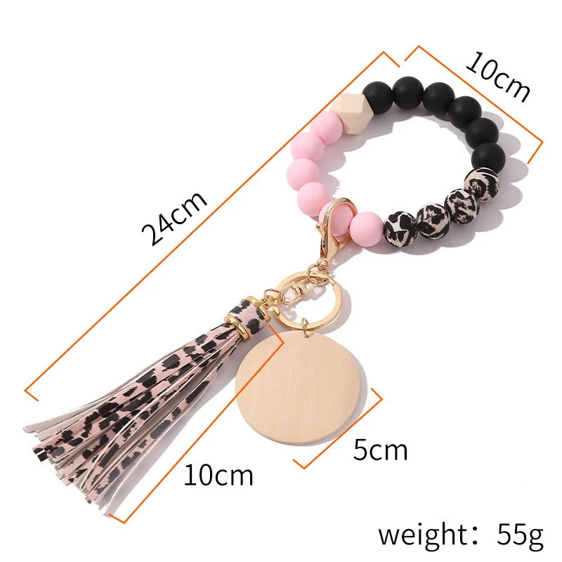 Silicone Keychain With Wood chips Tassel Wood Beads Keyring For Women Multicolor Keychain Charms Fashion Jewelry Accessories New
