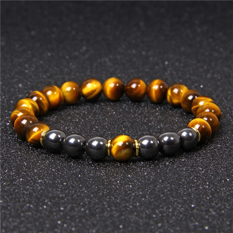 Natural Polished Blue Tiger Eye Stone Bracelets For Women Men Fashion Classic Elastic Hematite Bracelets Femme Bangle Jewelry