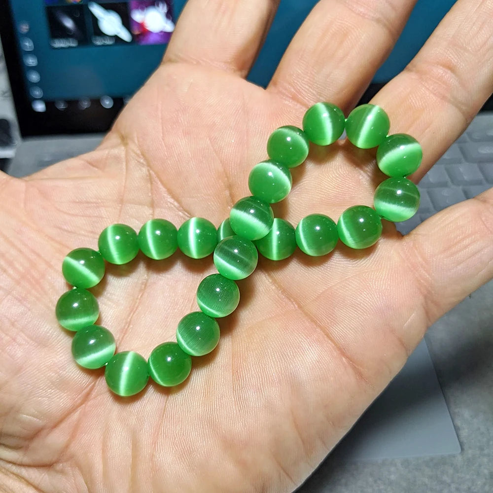 Ruberthen New Design Mens Bracelet Light Green Apple Cat Eye Bead Bracelet for Men High Quality Natural Stone Handmade Bracelet