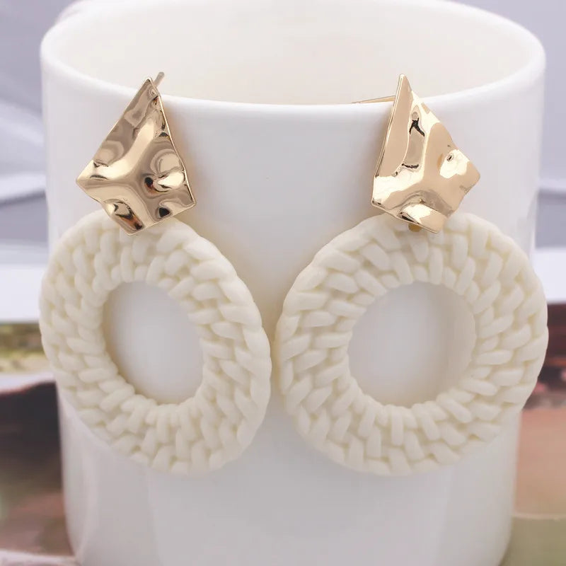 New Trendy Geometric Round Drop Earring for Women Rattan Braid Big Circle Gold Color Metal Wedding Party Statement Jewelry Gift