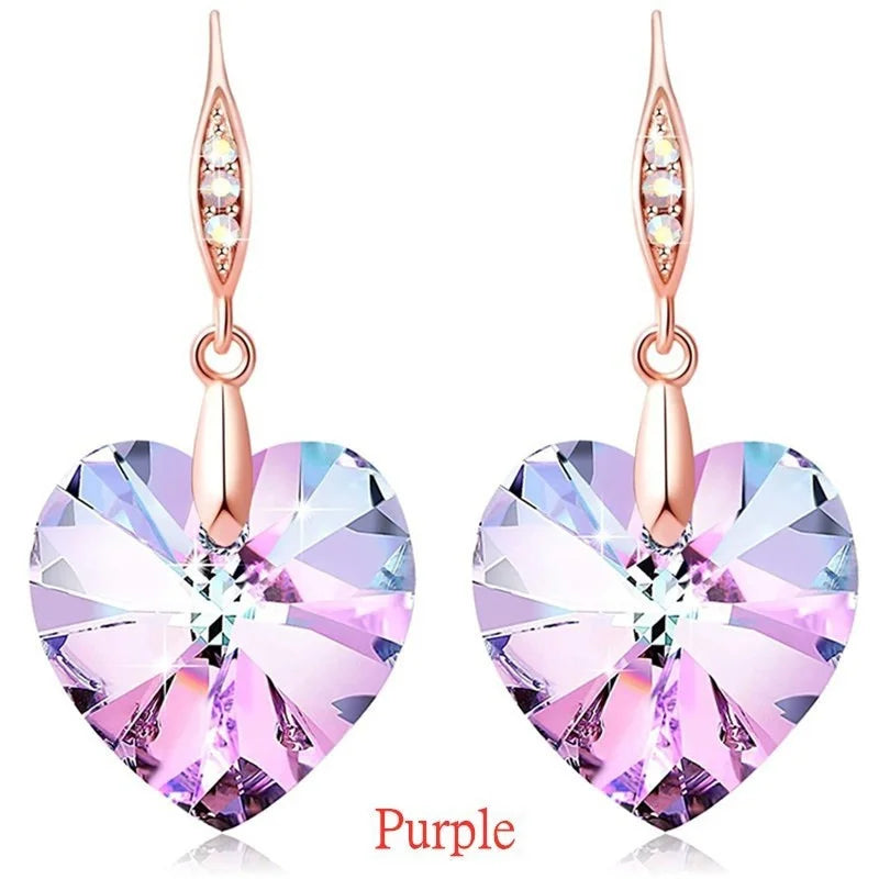 Rose Gold Heart Crystals Drop Earrings for Women Girls Birthday Fashion Jewelry Gifts