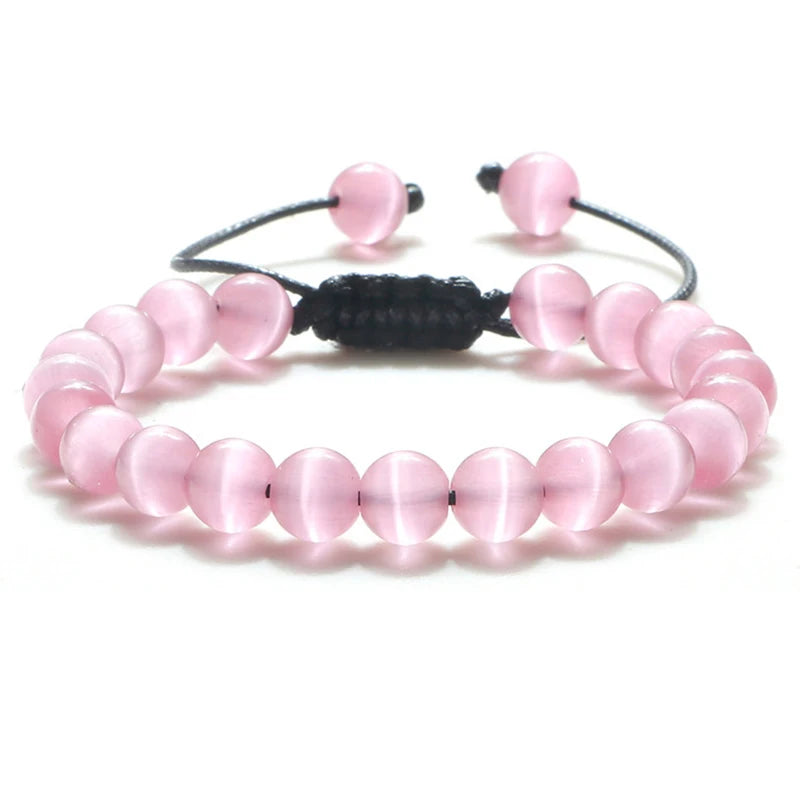 8mm Natural Cat Eye Stone Bracelet Smooth Pink White Beads Handmade Adjustable Bracelets&Bangle Charm Jewelry For Women Men Gift
