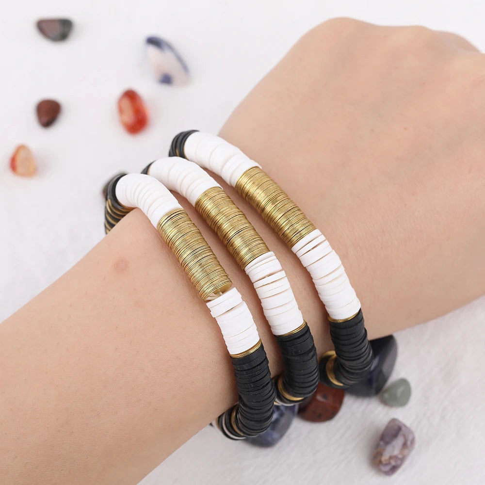 5Pcs Black White Color Polymer Clay Disc Heishi Beads 8mm Gold Copper Sheets Elastic String Bracelet Fashion Women Boho Jewelry