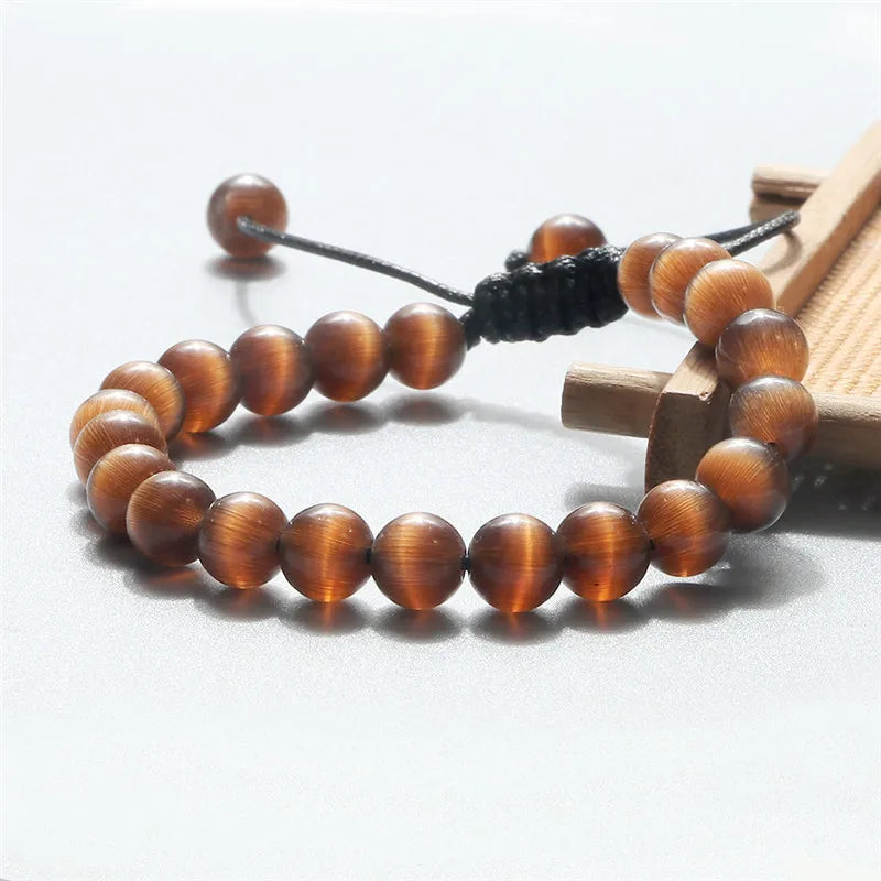 8mm Natural Cat Eye Stone Bracelet Smooth Pink White Beads Handmade Adjustable Bracelets&Bangle Charm Jewelry For Women Men Gift