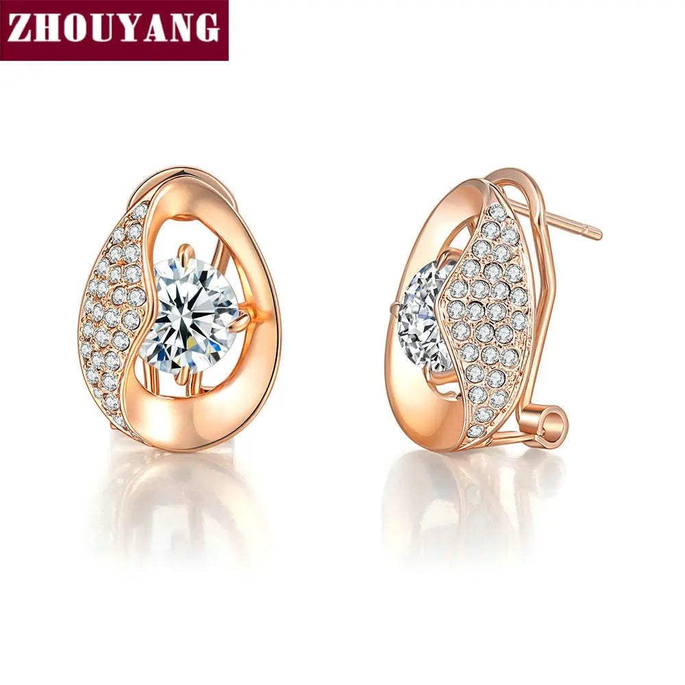 ZHOUYANG Stud Earrings For Women Luxury Cubic Zirconia Hollow Out Tear Drop Rose Gold Color Party Gift Fashion Jewelry E348