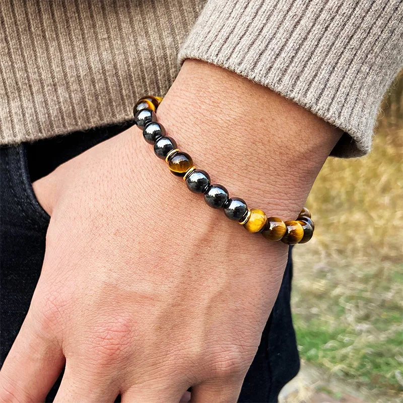 Natural Polished Blue Tiger Eye Stone Bracelets For Women Men Fashion Classic Elastic Hematite Bracelets Femme Bangle Jewelry