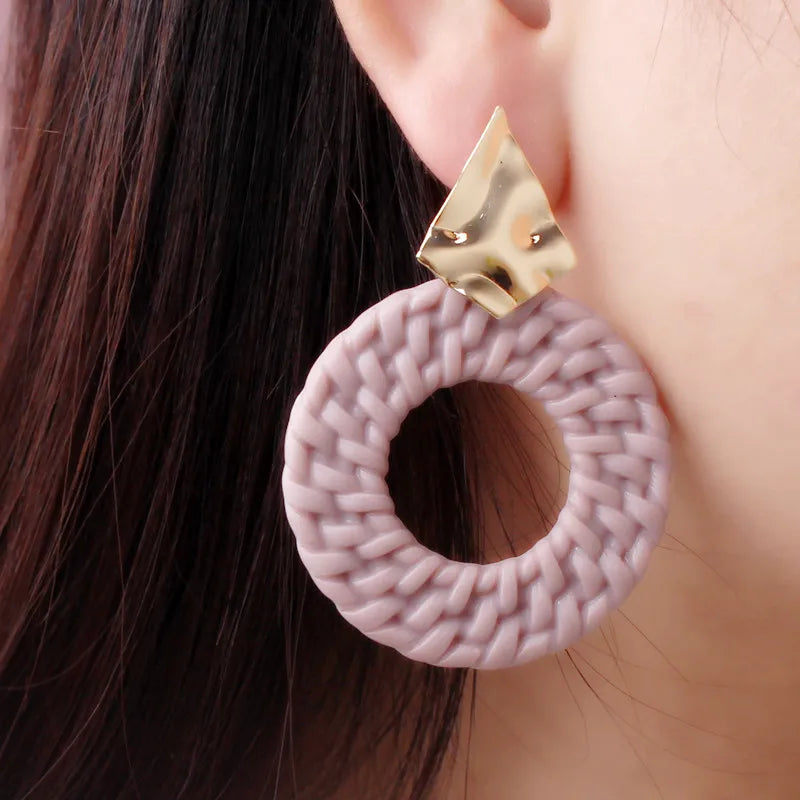 New Trendy Geometric Round Drop Earring for Women Rattan Braid Big Circle Gold Color Metal Wedding Party Statement Jewelry Gift