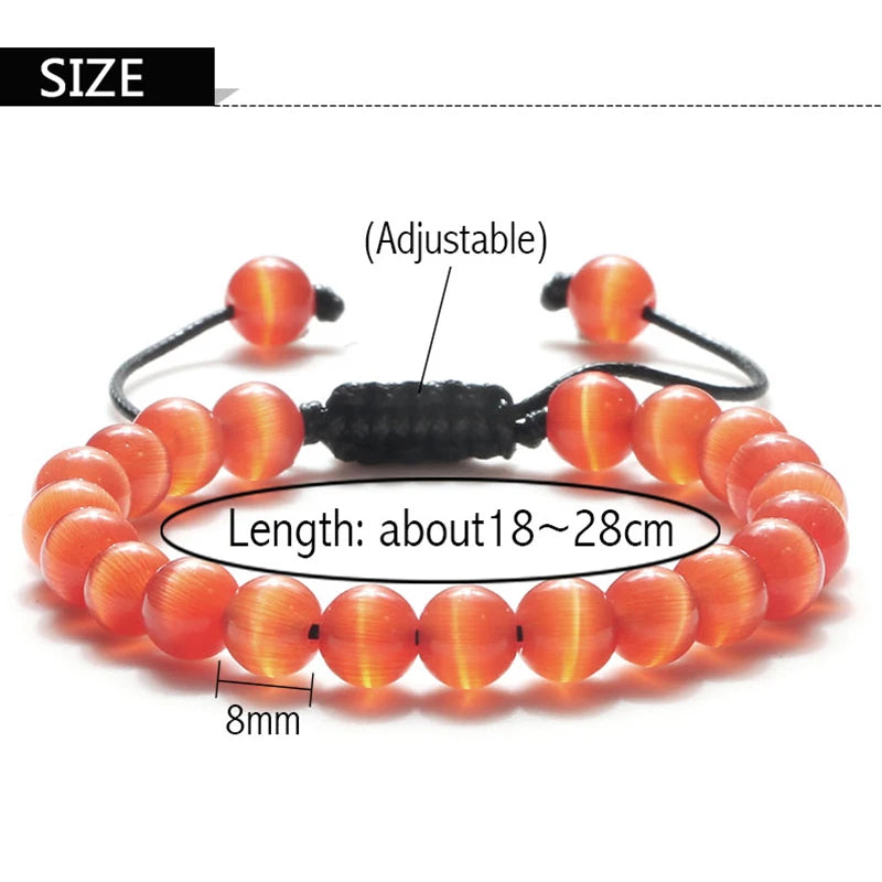 8mm Natural Cat Eye Stone Bracelet Smooth Pink White Beads Handmade Adjustable Bracelets&Bangle Charm Jewelry For Women Men Gift