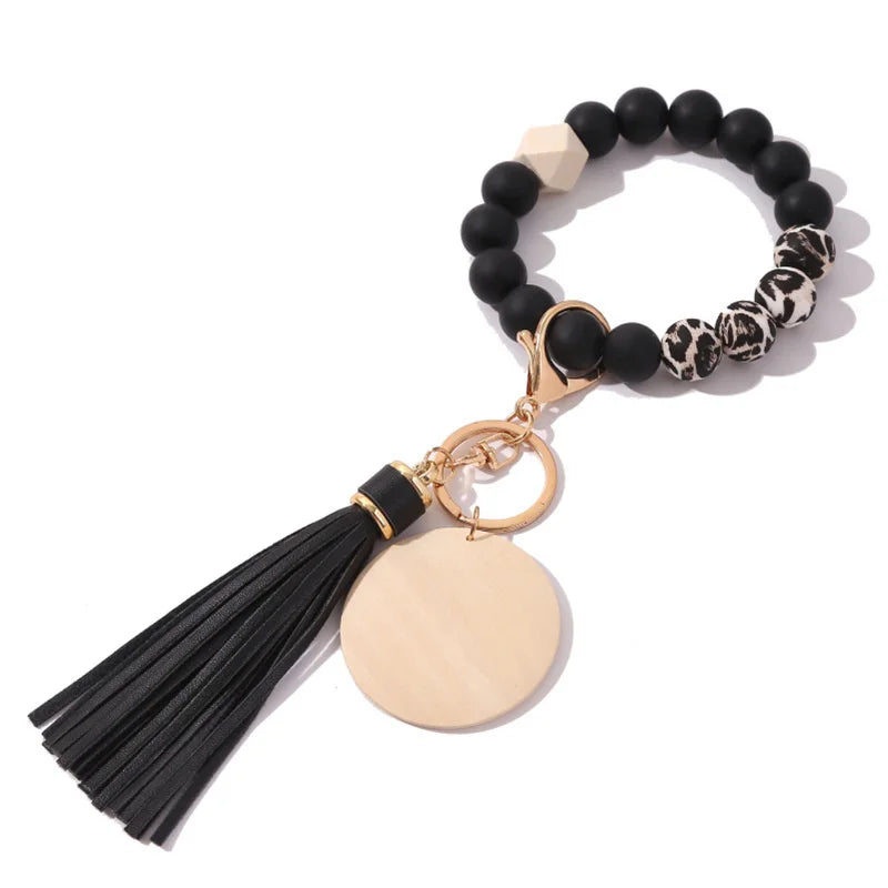Silicone Keychain With Wood chips Tassel Wood Beads Keyring For Women Multi colour Keychain Charms Fashion Jewelry