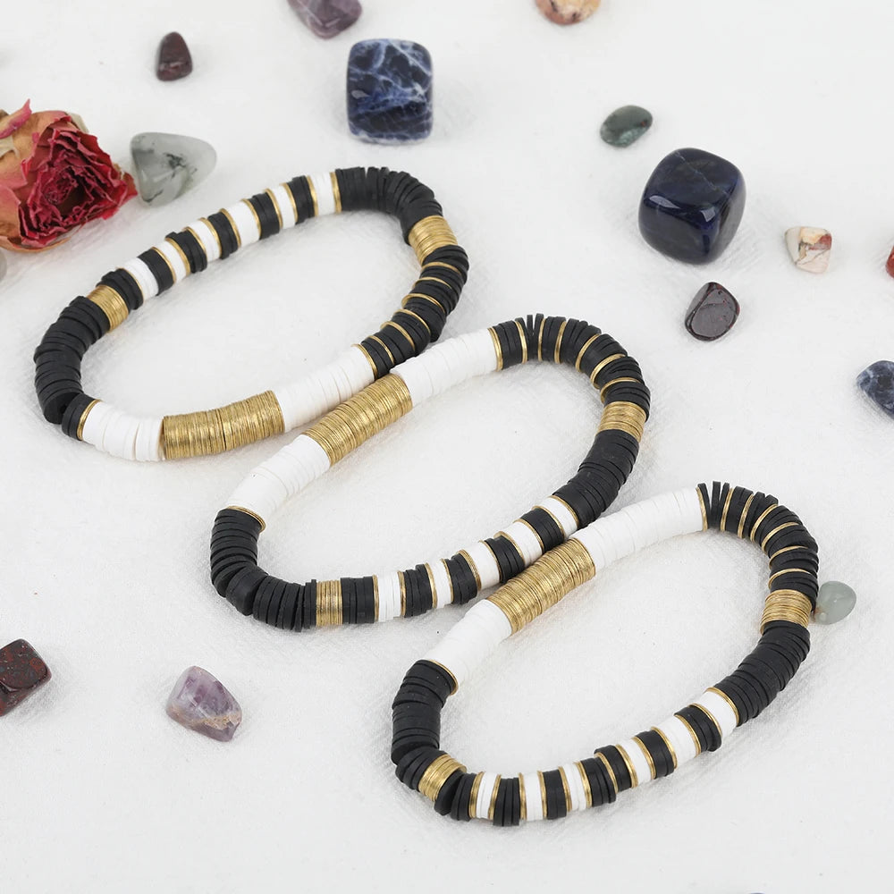 5Pcs Black White Color Polymer Clay Disc Heishi Beads 8mm Gold Copper Sheets Elastic String Bracelet Fashion Women Boho Jewelry