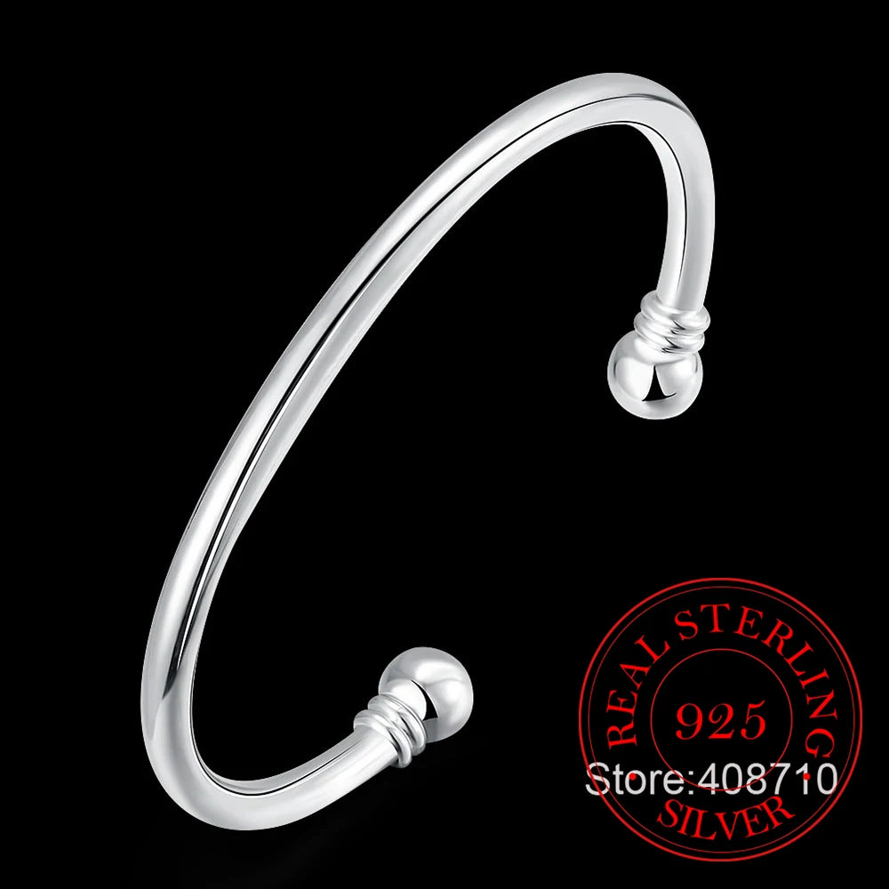 Men's New Jewelry 925 Silver Open Cuff Bracelets Homme Simple Double Beads Bangles Bracelet For Women Wedding Jewelry Gifts