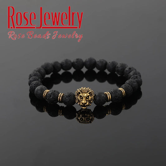Men Bracelet Natural Stone Hematite Lava Beads Bracelet Gold Silver Color Lion Head Cown Charm Bracelet Jewelry for Women Men