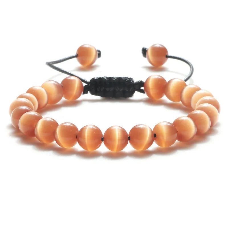 8mm Natural Cat Eye Stone Bracelet Smooth Pink White Beads Handmade Adjustable Bracelets&Bangle Charm Jewelry For Women Men Gift
