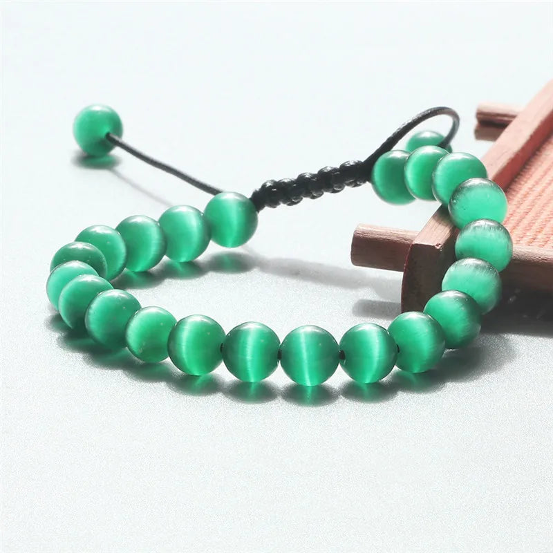 8mm Natural Cat Eye Stone Bracelet Smooth Pink White Beads Handmade Adjustable Bracelets&Bangle Charm Jewelry For Women Men Gift
