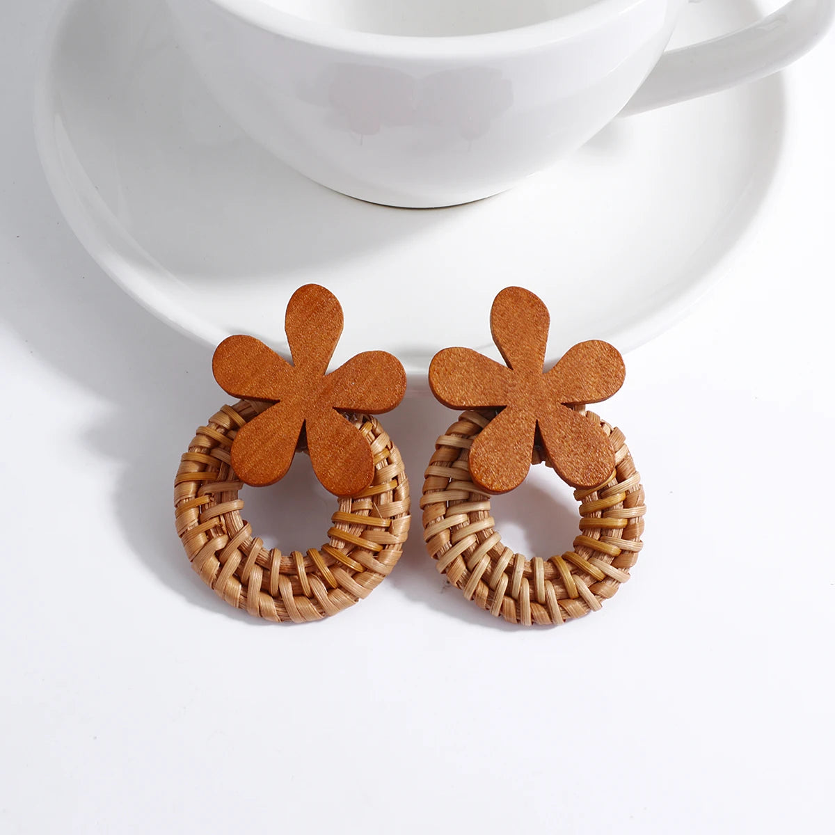 AENSOA Handmade Rattan Wooden Drop Earrings for Women Bohemian Ethnic Geometric Round Waterdrop Wood Dangle Earrings Jewelry