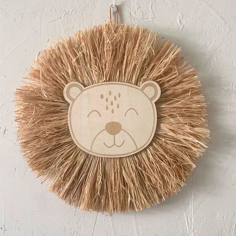 Nordic Nursery Decor Handmade Wood Straw Woven Cartoon Lion Decoration Wall Hanging Ornament for Children's Room Decoration