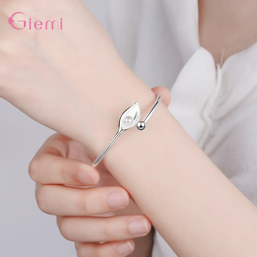 Open Adjustable Leaf Cuff Bracelets for Women Hot Sale 925 Sterling Silver Freshwater Pearl Bangles Gift Jewelry Wholesale