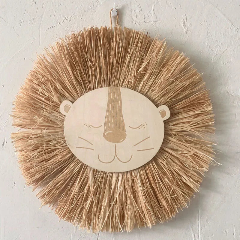 Nordic Nursery Decor Handmade Wood Straw Woven Cartoon Lion Decoration Wall Hanging Ornament for Children's Room Decoration