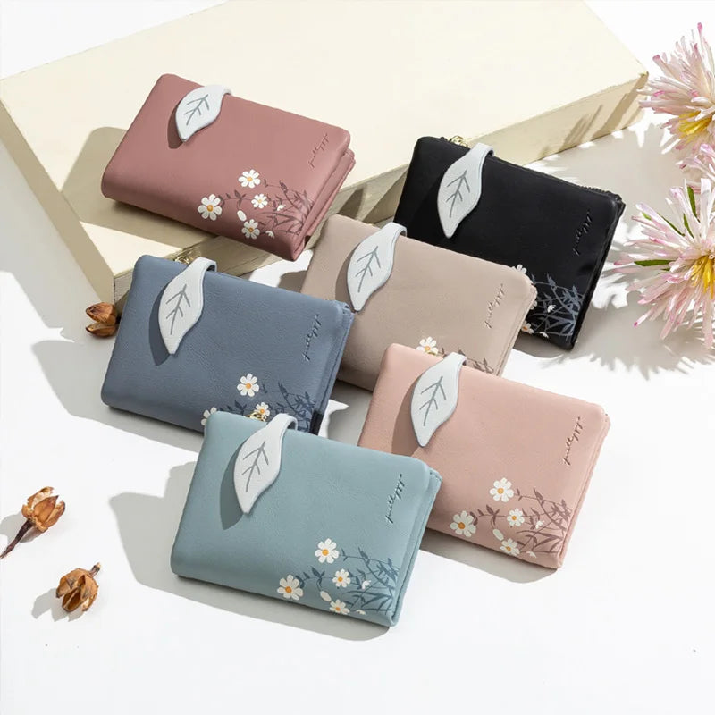 Leaves Small Wallet Women Hasp Zipper Purse Soft Pu Leather Ladies Wallet Card Holder Mini Girl Purse Clutch