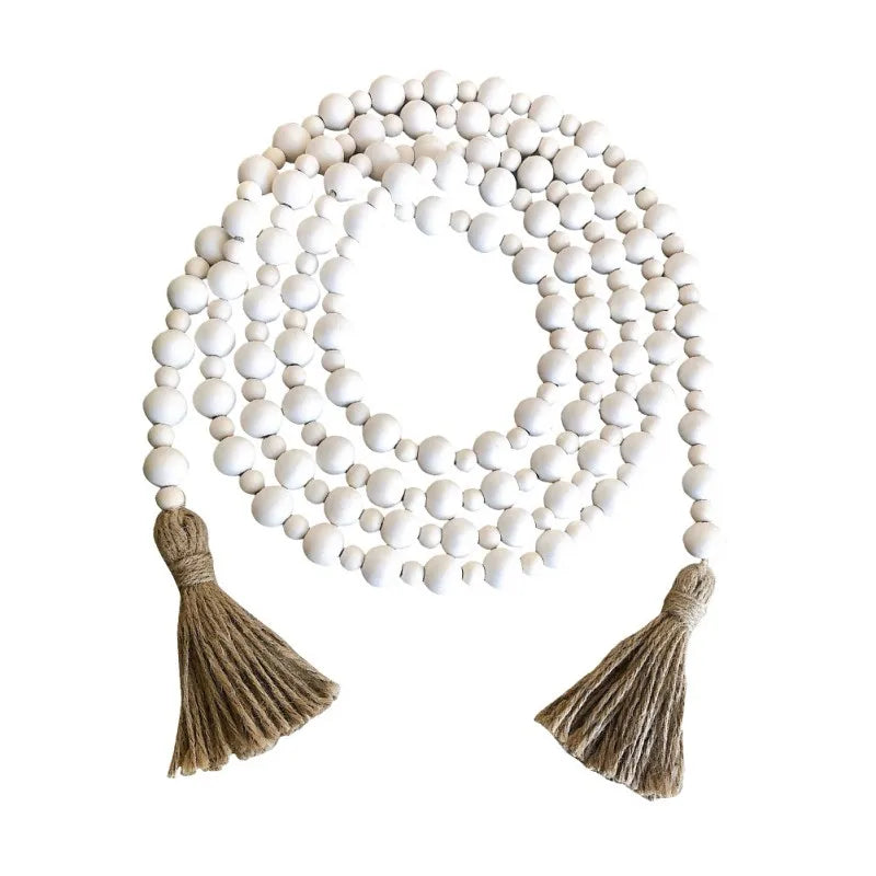 Wooden Bead Garland with Tassels Rustic Country Farmhouse Home Holiday Christmas Tree Garland Tray Wall Hanging Photo Props