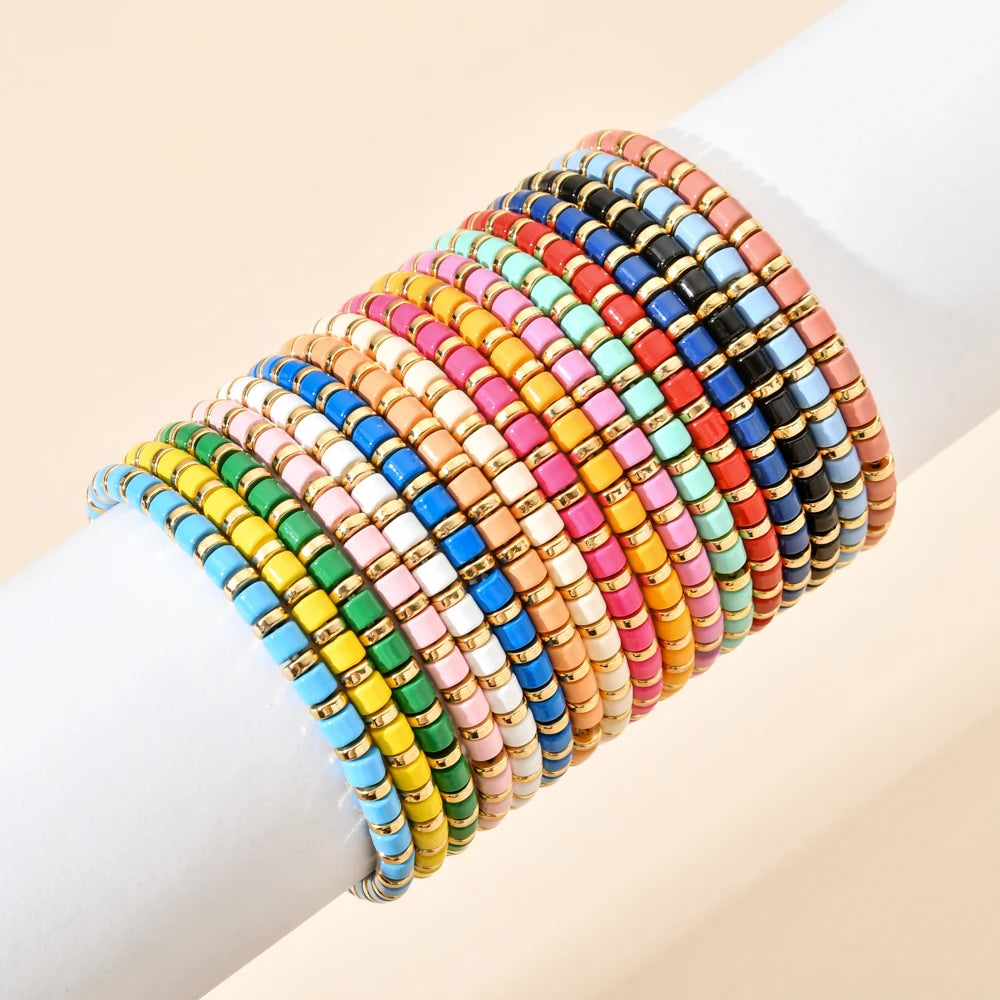 New Fashion Boho Style Metal Enamel Charm Stone Beaded Bracelets for Women Men Yoga Stretch Bracelets Bangles Jewelry Gift