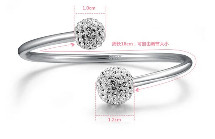 925 Sterling Silver Crystal Ball Bangles Open Cuff Bracelets & Bangles Jewelry pulseras For Women S-B19