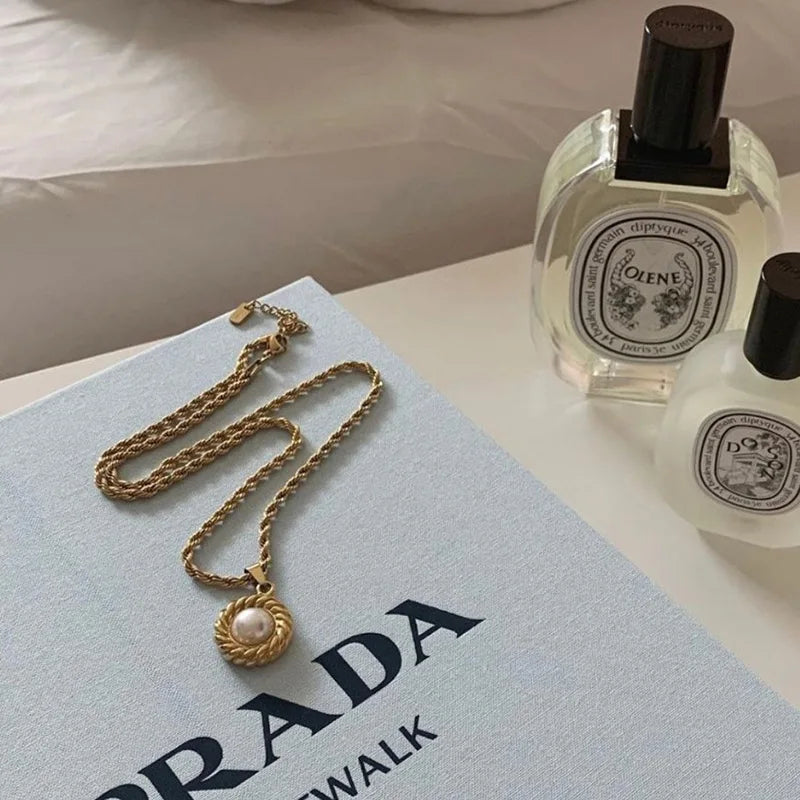 Hemasa Twisted Rope  Gold Plated Pearl Pendant  Stainless Steel Necklaces Jewellery for Women