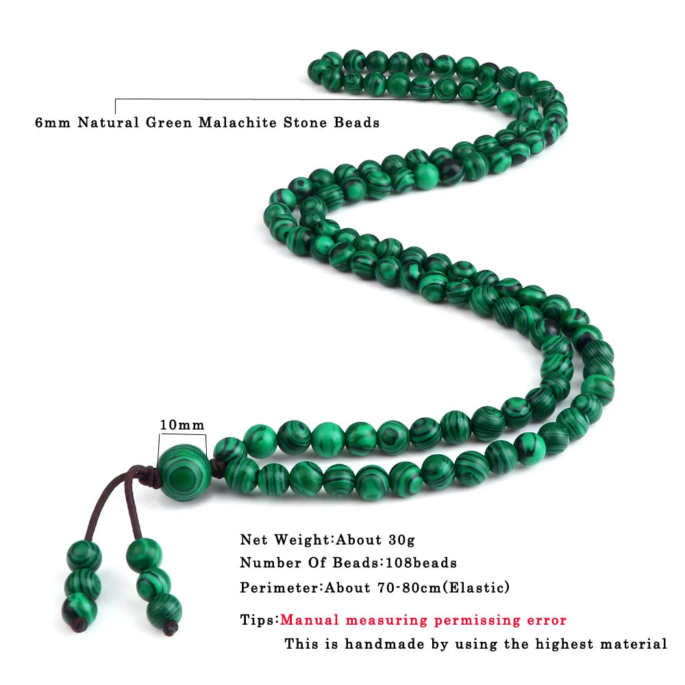 6mm Natural Malachite Stone Beaded Necklace 108Mala Prayer Women Green Color Stone Pendant Necklace Men Bangle Necklace Jewelry
