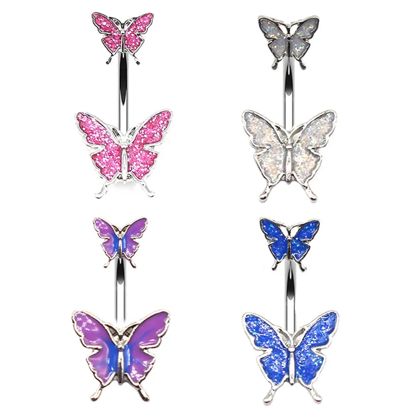 Shiny Double Butterfly Glass Belly Button Ring Trends Exquisite Navel Ring Piercing Belly Ring Umbilical Piercing Jewelry Gift