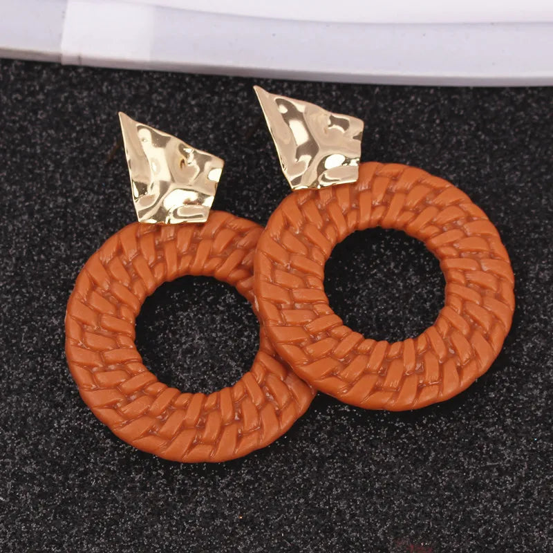 New Trendy Geometric Round Drop Earring for Women Rattan Braid Big Circle Gold Color Metal Wedding Party Statement Jewelry Gift