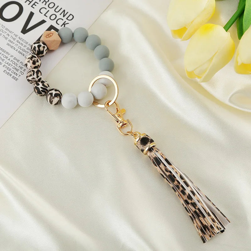 Silicone Keychain For Keys Tassel Wooden Beads Wrist Keyrings Bracelet Fashion Anti-lost Useful Women Men Keychains Wholesale