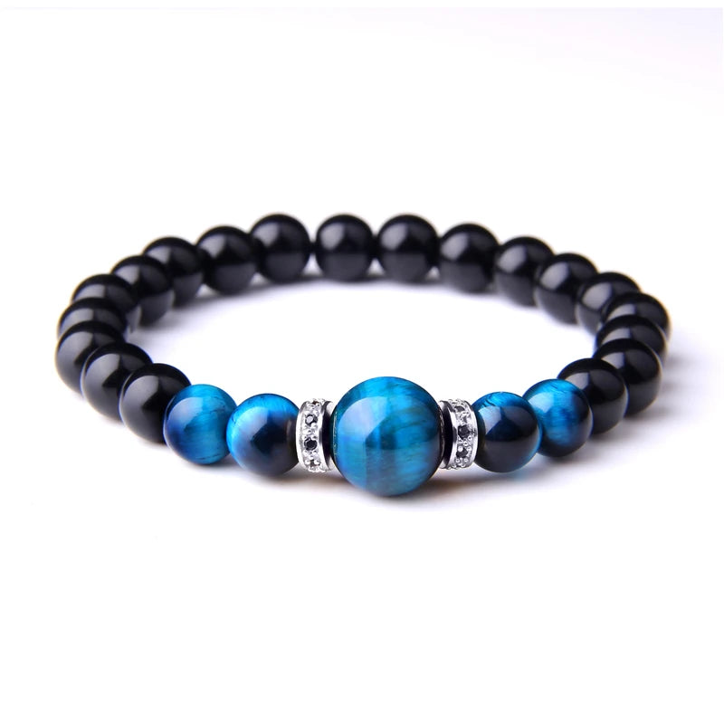 Natural Stone Bracelets Men Royal Blue Tiger Eye Stone Elastic Bracelet Bangle Fashion CZ Charm Black Onyx Beads Pulsera Jewelry