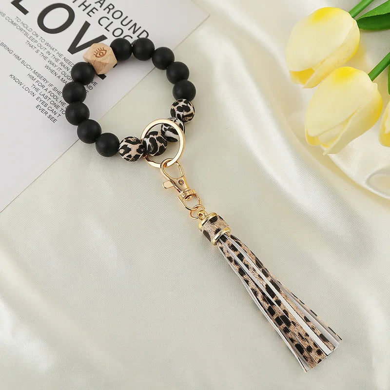 Silicone Keychain For Keys Tassel Wooden Beads Wrist Keyrings Bracelet Fashion Anti-lost Useful Women Men Keychains Wholesale