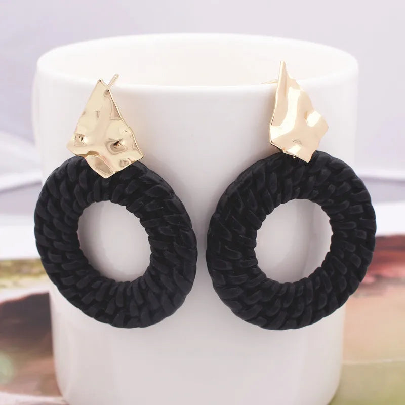 New Trendy Geometric Round Drop Earring for Women Rattan Braid Big Circle Gold Color Metal Wedding Party Statement Jewelry Gift