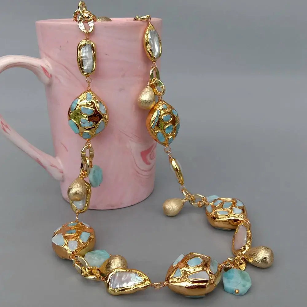 YYGEM natural Cultured White Biwa Pearl natural blue larimar chips beads pave Gold Plated Chain Long Necklace 30"