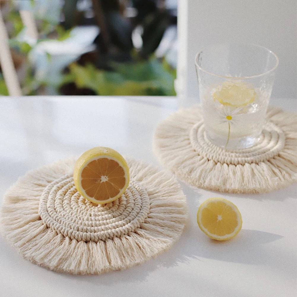 Macrame Placemats Cup Mat Bohemia Tablecloth Coaster Cup Pad Northern Europe Style Pure Handcrafted Cotton Braid Insulation Mats