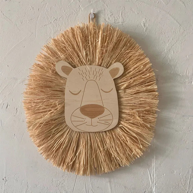 Hemasa Straw Woven Cartoon Lion Decoration Wall Hanging Ornament for Children's Room Decoration