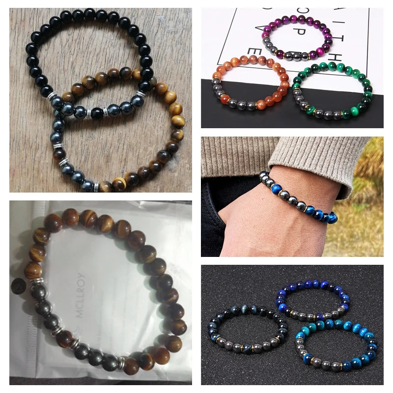 Natural Polished Blue Tiger Eye Stone Bracelets For Women Men Fashion Classic Elastic Hematite Bracelets Femme Bangle Jewelry