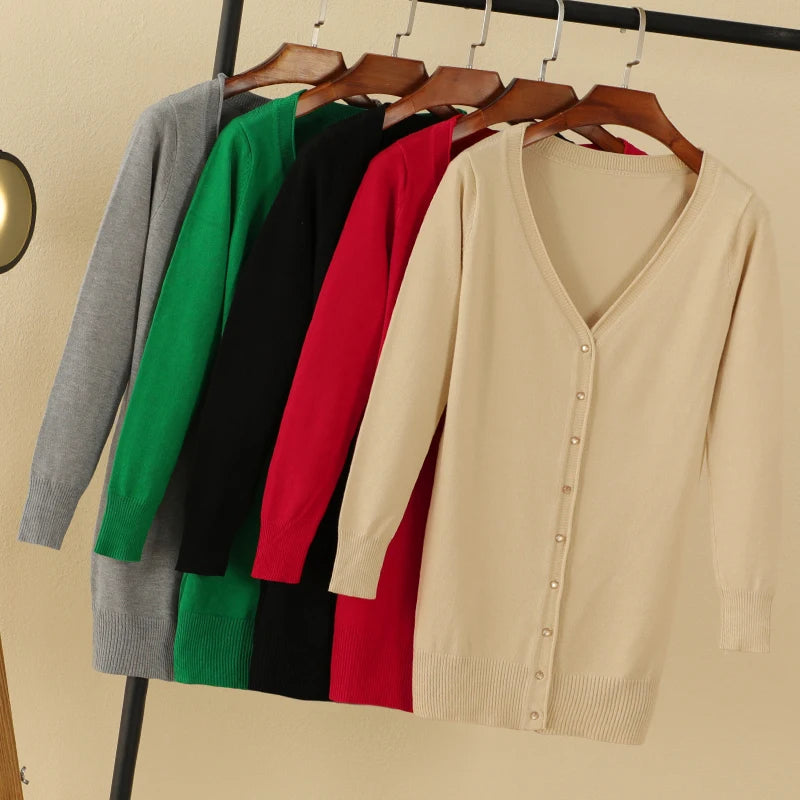 Outerwear V-neck Jersey Korean Fashion Style Cropped Blouses Long Woman Cardigan Knitted Ladies Sweaters Black Clothing Tricot