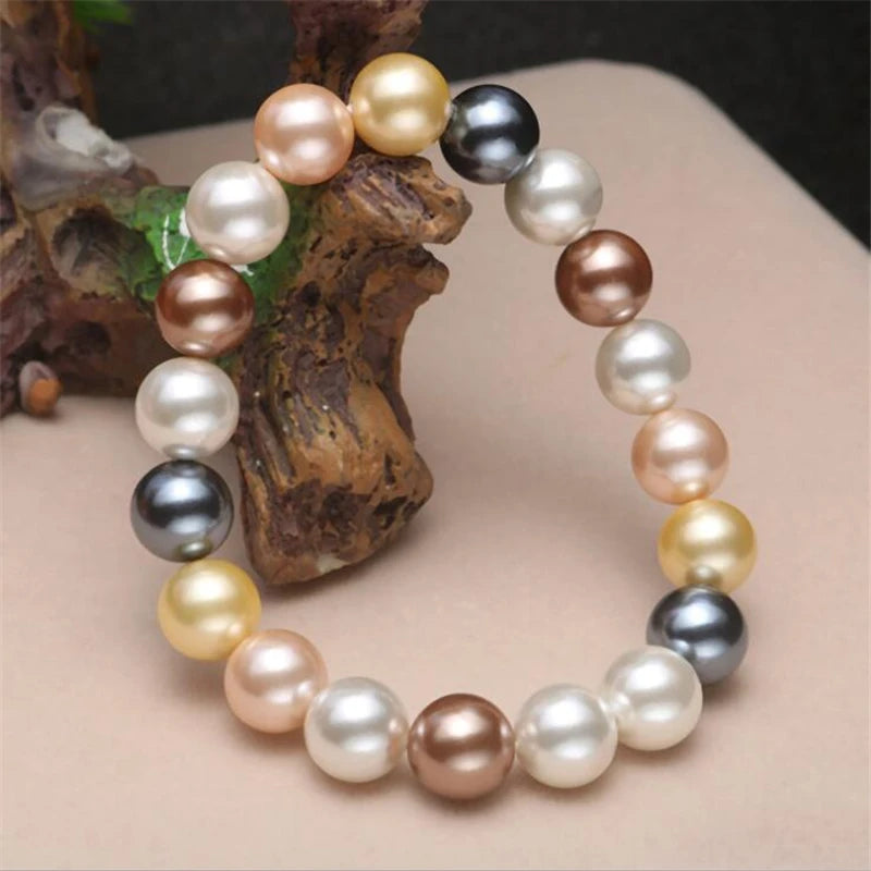 Hot 8 10mm Round Beads Fashion Multicolor Natural shell Tahitian black Multicolor south sea shell pearls Bracelet Elastic line