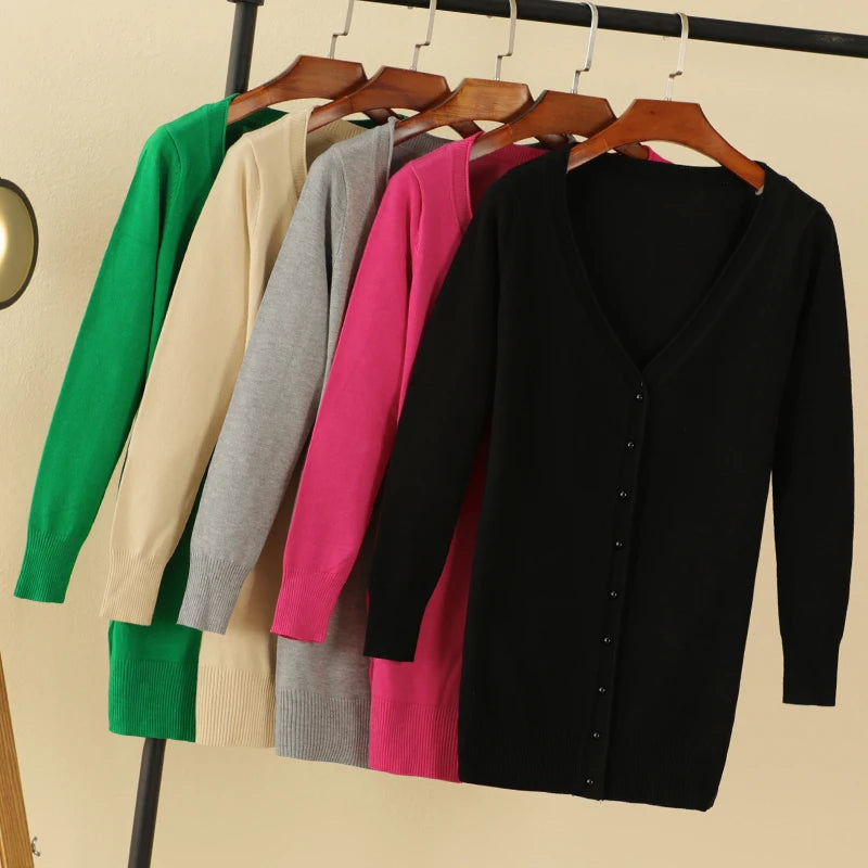Outerwear V-neck Jersey Korean Fashion Style Cropped Blouses Long Woman Cardigan Knitted Ladies Sweaters Black Clothing Tricot